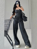 Prettyswomen Kiza Solid Color Fishbone Sleeveless Bandeau Top + High Waist Straight Leg Suit Pants Matching Set