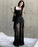 Prettyswomen Vienna Solid Color Black Spaghetti Strap Pleated Square Neck Asymmetrical Top + High Waist Patchwork Long Sheer Skirt Pants Matching Set