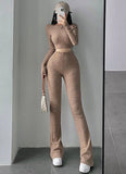 Prettyswomen Alias Solid Color Ribbed Slim Long Sleeve Cropped Top High Waist Pants Matching Set