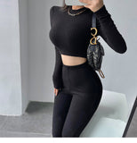 Prettyswomen Alias Solid Color Ribbed Slim Long Sleeve Cropped Top High Waist Pants Matching Set