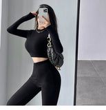 Prettyswomen Alias Solid Color Ribbed Slim Long Sleeve Cropped Top High Waist Pants Matching Set