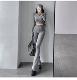 Prettyswomen Alias Solid Color Ribbed Slim Long Sleeve Cropped Top High Waist Pants Matching Set