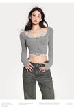 Prettyswomen Gwen Fake Two Piece Halter Long-sleeved Button Up Slim Cropped Top