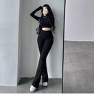 Prettyswomen Alias Solid Color Ribbed Slim Long Sleeve Cropped Top High Waist Pants Matching Set