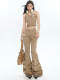 Prettyswomen Giana Brown Washed Heart Shape Old Vintage Denim Tank Top + Pleated Flared Pants Matching Set