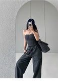 Prettyswomen Kiza Solid Color Fishbone Sleeveless Bandeau Top + High Waist Straight Leg Suit Pants Matching Set