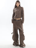 Prettyswomen Natasha Washed Leather Zip Up Multi-Zipper Long Sleeve Jacket + High Waist Straight Leg Multi Pocket Cargo Long Baggy Pants Matching Set