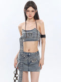 Prettyswomen Chrome Denim Heart Belt Bandeau Top + Denim Belt Wrap Mini Skirt + Denim Micro Flare Jeans Pants Matching Set