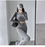 Prettyswomen Alias Solid Color Ribbed Slim Long Sleeve Cropped Top High Waist Pants Matching Set