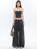 Prettyswomen Mina Vintage Grey Denim Bandeau Top + Straight Wide Leg Jeans Pants Matching Set