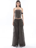 Prettyswomen Shaya Solid Color Dark Grey Bandeau Sleeveless Slim Cropped Top + High Wasit Multi-Pocket Straight Leg Baggy Cargo Pants Matching Set