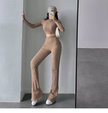 Prettyswomen Alias Solid Color Ribbed Slim Long Sleeve Cropped Top High Waist Pants Matching Set