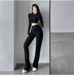 Prettyswomen Alias Solid Color Ribbed Slim Long Sleeve Cropped Top High Waist Pants Matching Set