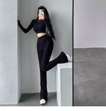 Prettyswomen Alias Solid Color Ribbed Slim Long Sleeve Cropped Top High Waist Pants Matching Set