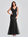 European And American Evening Dress V-neck Tulle Embroidered Sequins Sexy Mermaid Prom Dress Women Formal Dress