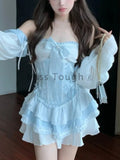 Prettyswomen Kawaii Blue Bow Mini Dress Set