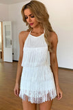 Prettyswomen Swing Fringe Halter Neck Backless Flapper Mini Romper Dress - White