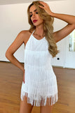 Prettyswomen Swing Fringe Halter Neck Backless Flapper Mini Romper Dress - White