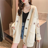 Black Friday Sales 2022 Women Winter Sweater Knitting Cardigans V Neck Stars Moon Embroidery Long Sweater Jacket Pink Christmas Cardigans