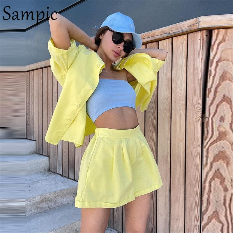 Prettyswomen New Casual Summer Tracksuit Female Two Piece Set Solid Color Turn-Down Collar Short Sleeve Shirt Tops And Loose Mini Shorts Suit