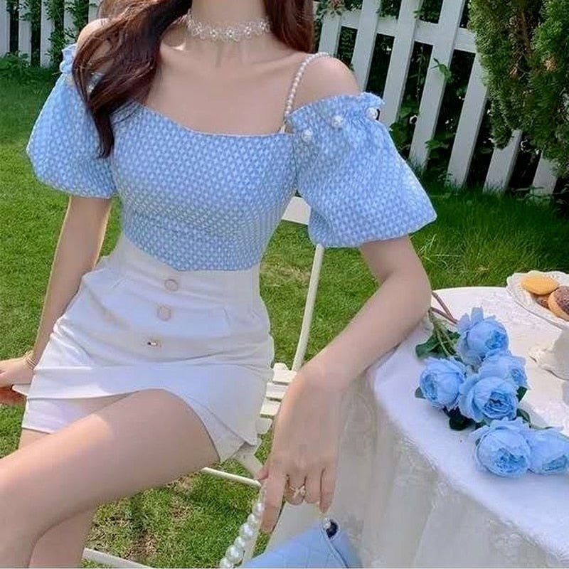 Summer Elegant Two Piece Set Women Blue Plaid Casual Strap Blouse Tops+White Mini Pant Set High Street Holiday Sweet Suit 2022