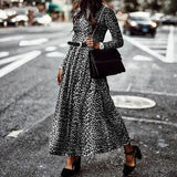 Shirt Long Dress Women Vintage Leopard Print Long Sleeve O Neck Pleated Dress Casual Maxi Party Dress Oversized