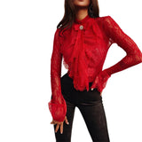 Sexy Women Ladies Blouse Lace Shirt Long Sleeve Bow Tie Ruffles Flare Sleeve Shirt Blouse For OL Ladies