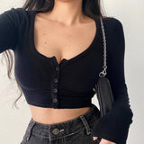 Prettyswomen Korean Slim V-Neck Long Sleeve Bottomed Womens Tops And Blouses High Street Solid Color Open Navel Cardigan U4WF