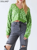 Y2K Ripple Printed Sweater Cardigan Women Long Sleeve Button Up Knitted Jacket Checkered Cropped Cardigans Crop Top Green Purple