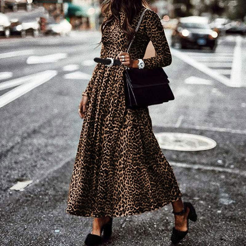 Shirt Long Dress Women Vintage Leopard Print Long Sleeve O Neck Pleated Dress Casual Maxi Party Dress Oversized