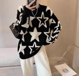Black Friday Sales Retro Sweater Jumpers For Women Stars Printed Pullover Sweater For Women 2022 Winter Black Loose Thickened Cute Knitted Top