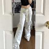 Prettyswomen Solid Color Low Waist Trousers With Patchwork Pocket Bandage Women's Pants Cyber Y2k Jeans Fall 2021 Women New Arrival