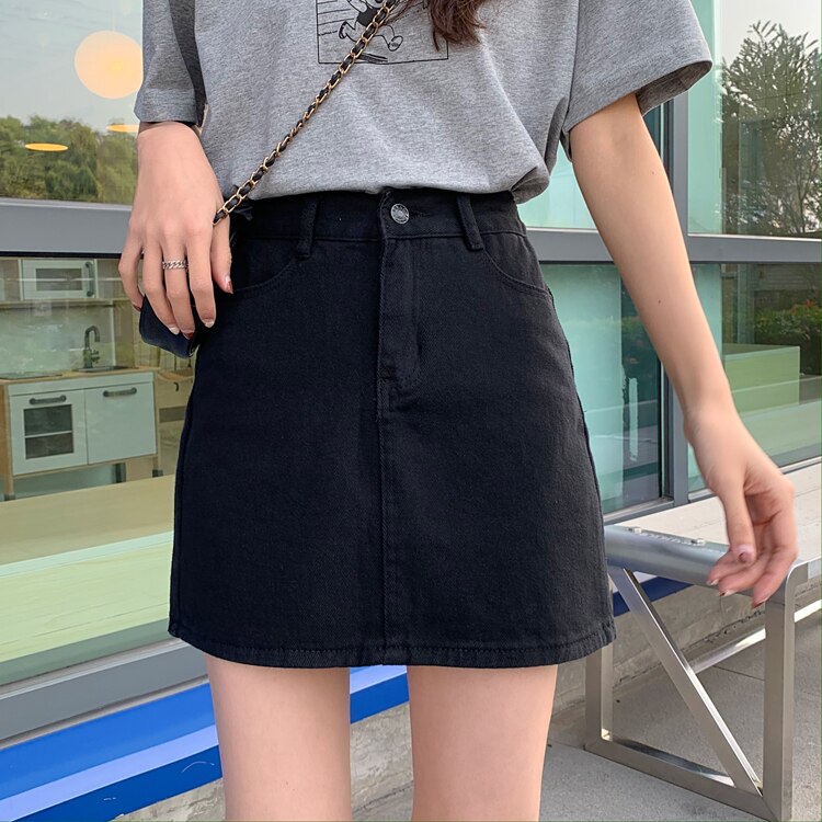 Women Jeans Skirt Casual solid A-line mini skirts ummer High Waist Korean Black Skirt Blue Package Hip Jeans