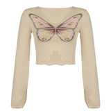 Prettyswomen Butterfly Print Cute Flare Sleeve Crop Top T Shirt Women Ruffles Fashion Autumn Basic T-shirt Ladies Streetwear 2021