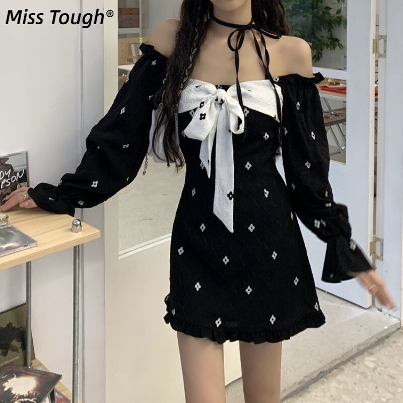 Party Sweet Casual Dress Women Autumn 2022 Bow Designer Chic Elegant Mini Fairy Dress Long Sleeve Princess Kawaii Korean Clothes