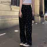 Prettyswomen Pants Women Loose Print Casual Full Length Trousers Elastic Waist Daily Preppy Style Harajuku Vintage Ulzzang Comfortable Chic