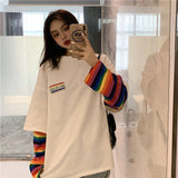 Prettyswomen Long Sleeve Shirts Women Rainbow Striped Patch Designs Long-Style Korean Leisure Hip-Hop Fashion Female T-Shirt Teens Preppy New