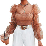 Sexy Women Mesh Long Puff Sleeve Sheer Tops Pullover Blouse Shirts Casual Party Club