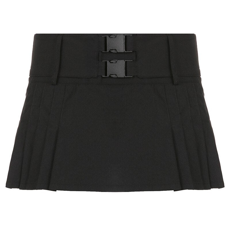 Mall Goth Y2K  Double Buckle Trim Low Waist Skirts Grunge Aesthetics A-line Solid Pleated Skirt Retro Outfits Women 2022