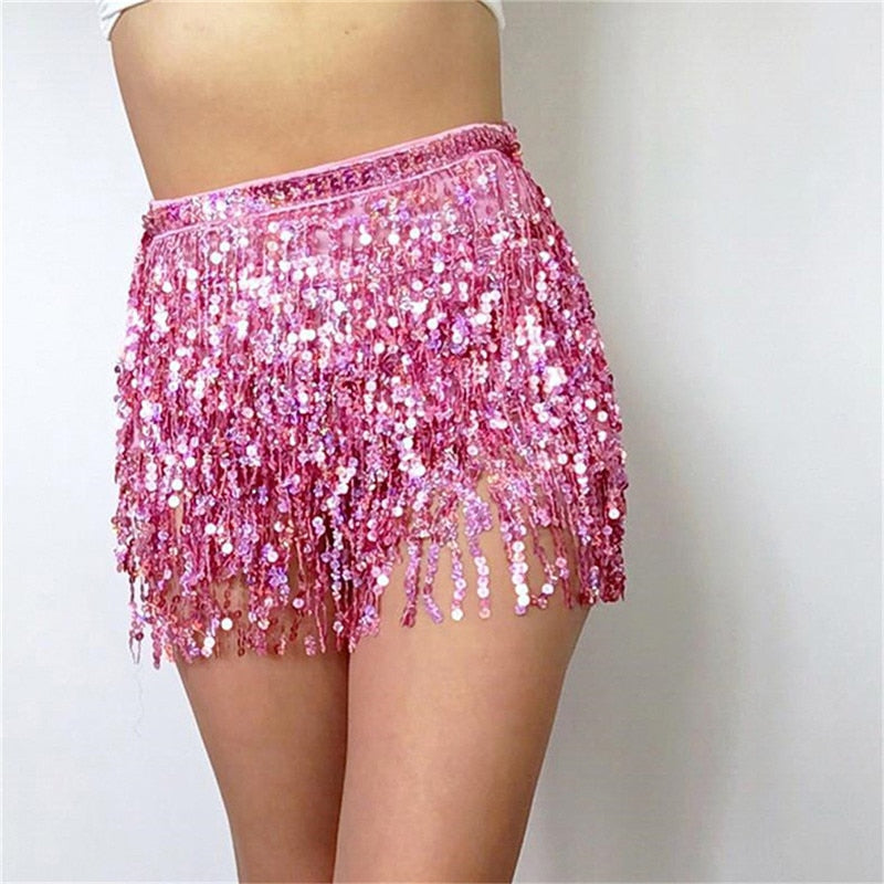 Women Girls Mini Wrap Summer Sexy Skirt Women Belly Dance Hip  Skirt Glitter Sequins Tassel Skirts Sundress