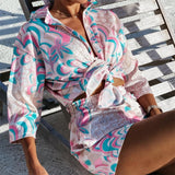 Prettyswomen hirigin 2pcs Beach Styles Satin Sets Women Fashion Scenery Pattern Button-down Shirts and Shorts 2021 New Summer Casual Sets