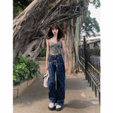 Prettyswomen 2022 New Arrival Autumn Women All-Matched Print Cotton Denim Full Length Pants Casual Loose Button Fly Waist Straight Jeans P142