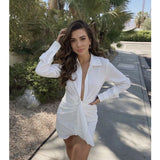 Sexy Deep V Neck Shirt Dress Women Summer Long Sleeves Irregular Waist Tie Ruched Mini Dress Summer Street White Shirt Dress