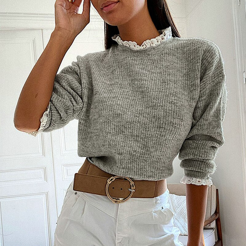 Prettyswomen Grey Lace Women's Sweater Long Sleeve Splicing Fashion Pullover High Street Style Autumn Sweater 2022