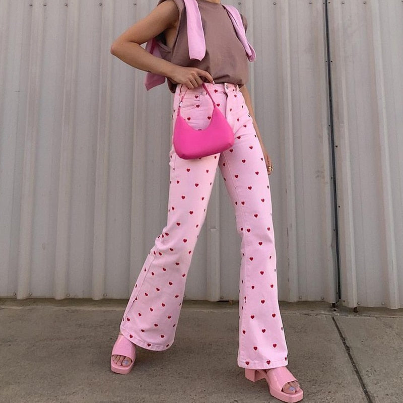 Y2K Pink Pants Heart Printed Sweet Trousers Vintage Aesthetic Party Pants Pockets Joggers Festival Outfits Women New