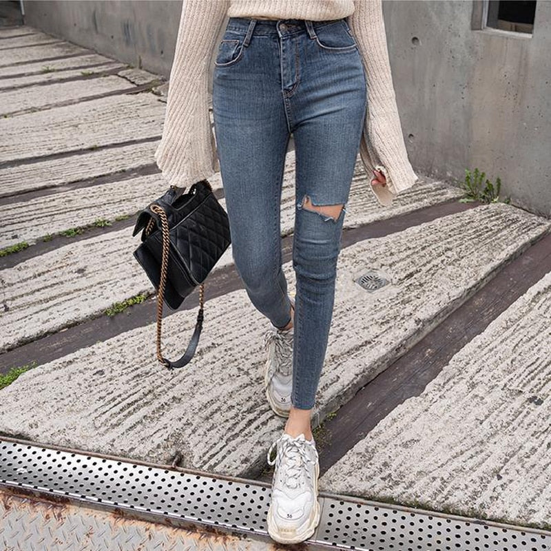 Button Fly Women Jeans High Waist Denim Pants Women High Elastic Skinny Pants Ripped Hole Stretchy Women Trousers
