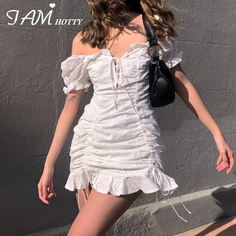 Jacquard Ruched Drawstring White Puff Short Sleeve Mini Dress Women Elegant Fashion Lace-up Party Holiday Dresses Iamhotty