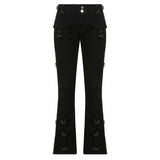 Metal Zipper Flare Jeans Goth Black Low Waisted Cargo Pants Pockets Punk Academic Fashion Sweatpants Women Korean Jean