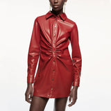 Red PU Leather Dress Women 2022 Long Sleeve Turn-down Collar Single Breasted Mini Dresses Sexy Bodycon Female Party Dress