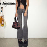 y2k Grey Flare Jeans Lace Up Cute Retro Trousers Low Waisted Patchwork Cargo Pants Aesthetic Korean Chic Women Jeans